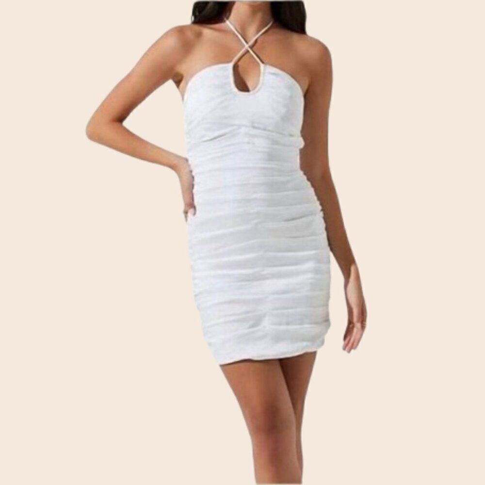 Miou Muse White Ruched Mini Halter Dress Size Small
